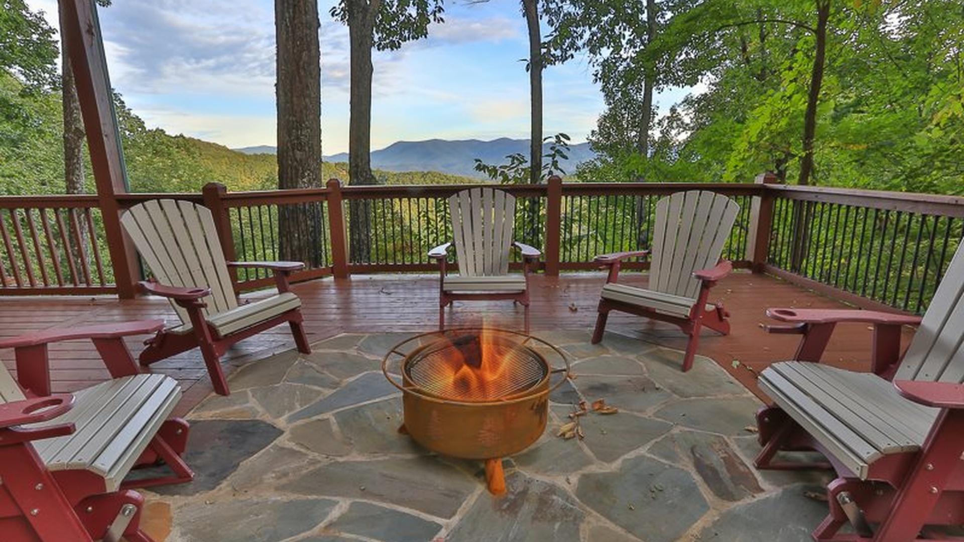 Fire pit seating with ridgeline views during the day.